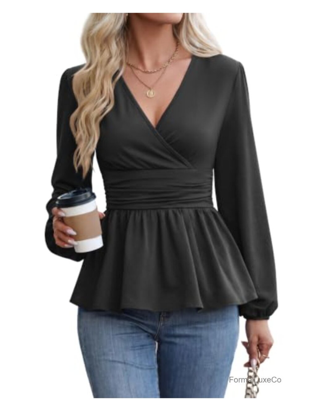 Women's Peplum Wrap V Neck Long Sleeve Blouse Ruched Waist Top